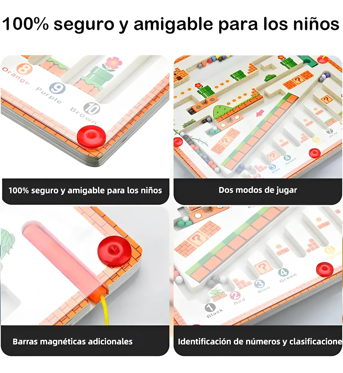 Laberinto magnético de madera con piezas coloridas, barras adicionales y números para clasificación; diseño seguro y didáctico para niños.