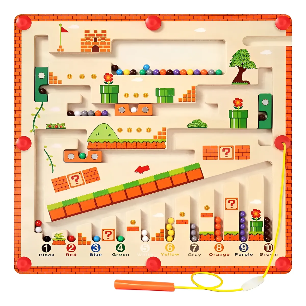 Laberinto magnético de madera con temática de Mario Bros, incluye bolas de colores, obstáculos y flecha roja para guiar el juego.