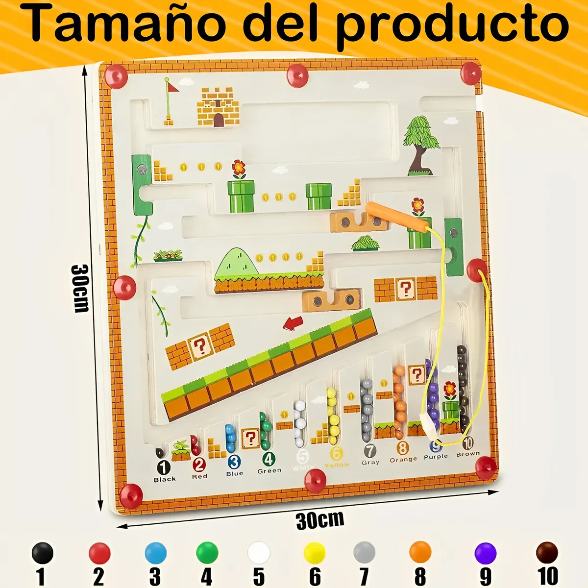 Laberinto magnético de madera de 30x30 cm con pistas de colores, bloques, preguntas y niveles para niños. Incluye 10 bolas de colores y base con ranuras para cada una.