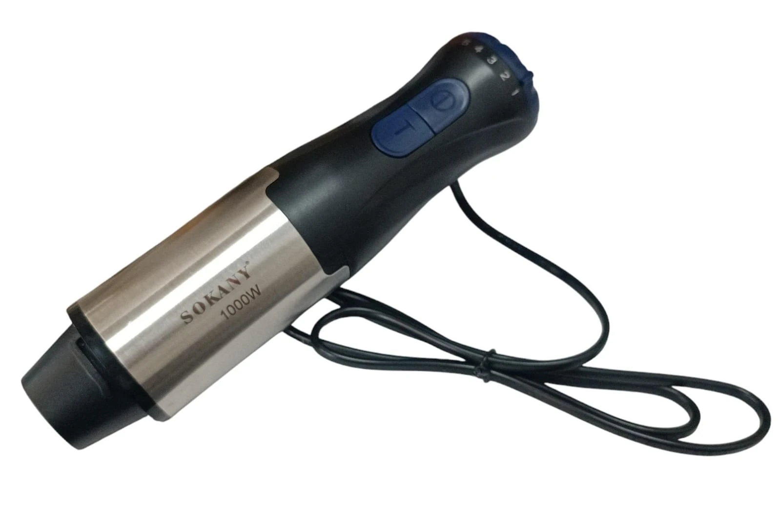 Batidor de inmersión Sokany de 1000W, cuerpo metálico plateado con mango negro y botones azules, cable negro enrollado al lado.
