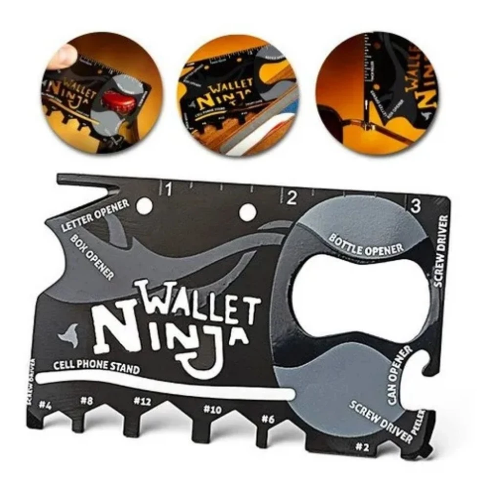 Tarjeta multiherramienta Wallet Ninja en negro con detalles grises, mostrando abridor de botellas, destornillador, abrebotellas y soporte para celular. Incluye tres círculos superiores que ilustran usos específicos como abrir latas y tarjetas.
