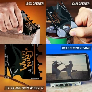 Tarjeta multiherramienta Wallet Ninja en color negro con detalles en naranja, mostrando sus funciones como abrebotellas, destornillador, soporte para celular y abridor de latas.