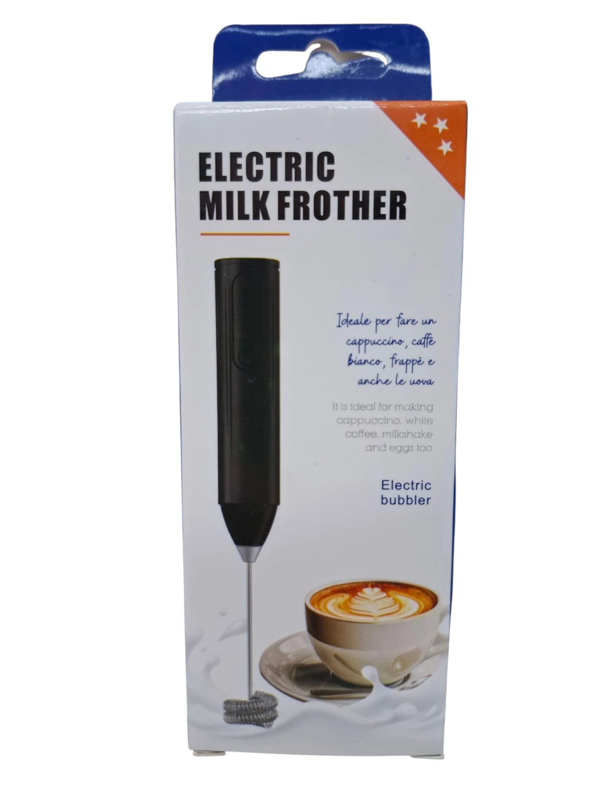 Packaging del batidor eléctrico recargable negro con mango ergonómico, base metálica y cable de acero, mostrando taza de café con espuma decorada. Incluye texto bilingüe en caja.