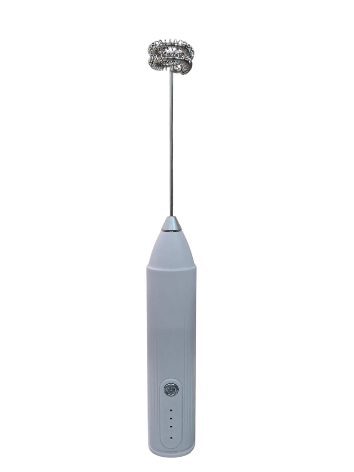 Mezclador eléctrico recargable color gris claro con mango ergonómico y batidor de alambre en la parte superior, sobre fondo blanco.