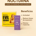 Kit Renovación Nocturna con Ingredientes Activos. Caja amarilla con de mujer y frasco morado. Elimina manchas, reduce arrugas y líneas de expresión. Para todo tipo de piel.