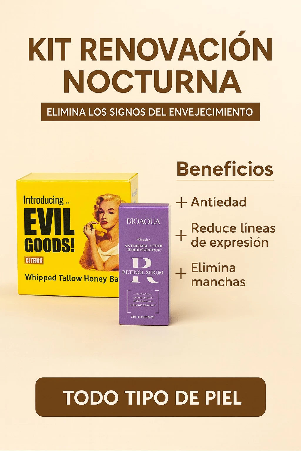 Kit Renovación Nocturna con Ingredientes Activos. Caja amarilla con de mujer y frasco morado. Elimina manchas, reduce arrugas y líneas de expresión. Para todo tipo de piel.