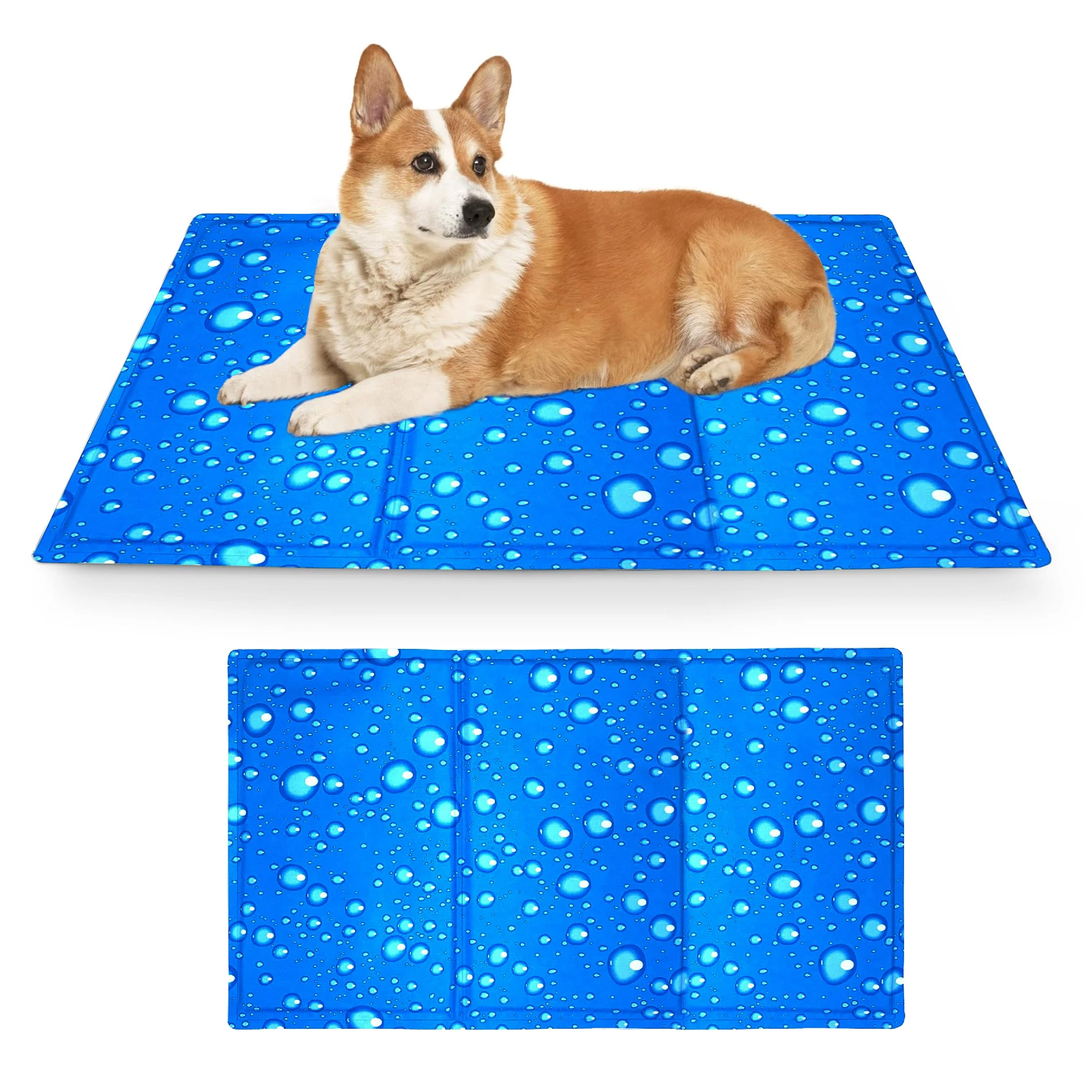 Tapete de gel frío azul con gotas de agua, mostrando un corgi descansando sobre él; abajo se ve la misma superficie plegada.