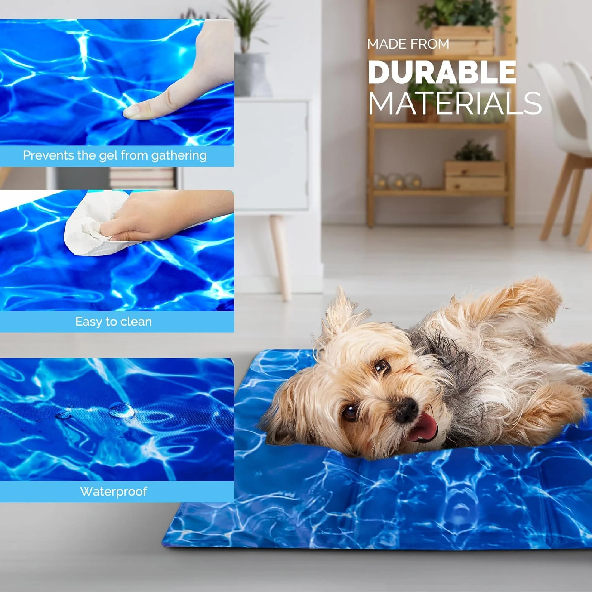 Tapete de gel frío para perros con diseño de agua azul, mostrando uso con mascota tumbada y detalles de limpieza y durabilidad.