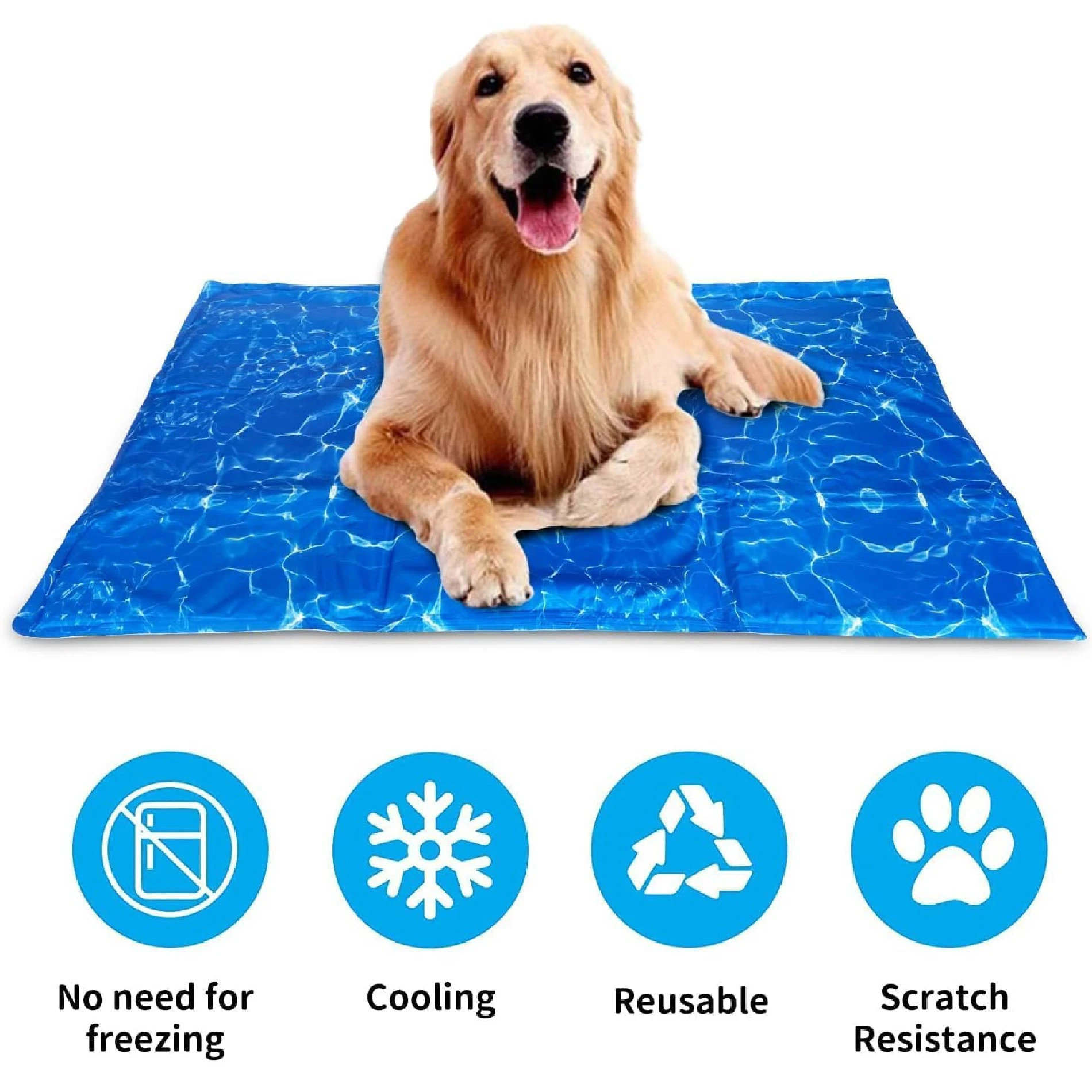 Tapete de gel frío azul con patrón de agua, sobre el que descansa un perro golden retriever. Incluye iconos que indican no requiere congelación, enfriamiento, reutilizable y resistencia a arañazos.