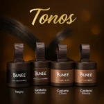 Cuatro tubos de polvo para cubrir canas Bunee en tonos Negro, Castaño Oscuro, Castaño Claro y Castaño Medio, sobre fondo marrón con mechones de cabello negro.