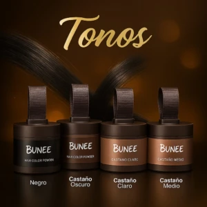 Cuatro tubos de polvo para cubrir canas Bunee en tonos Negro, Castaño Oscuro, Castaño Claro y Castaño Medio, sobre fondo marrón con mechones de cabello negro.