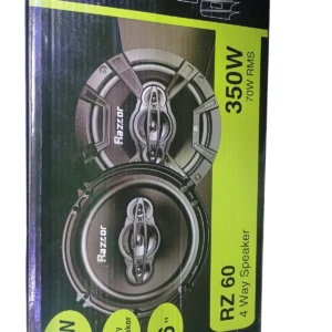 Pack de dos parlantes coaxiales Razzor de 6 pulgadas, 350W RMS, con diseño negro y detalles plateados, presentados en caja frontal.