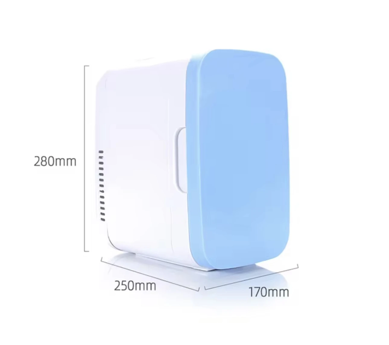 Refrigerador portátil blanco y azul de 8 litros con dimensiones de 280x250x170 mm, ideal para viajes.