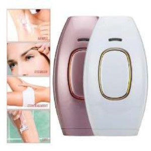 Depiladora IPL en blanco y rosa, con panel frontal y lateral visibles. Incluye guía de uso con pasos de preparación, aplicación y cuidado post-tratamiento.