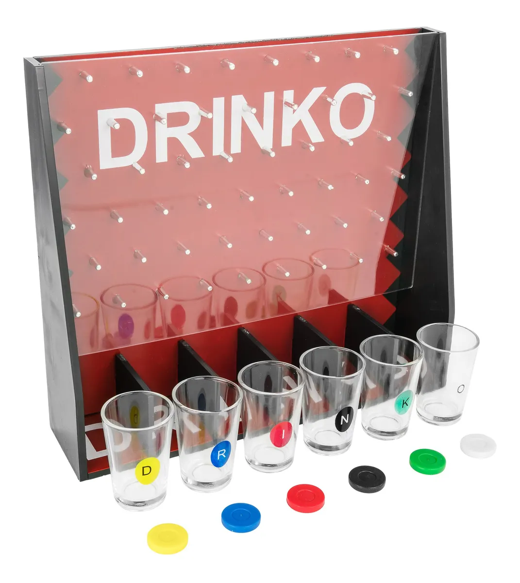 Juego de vasos de plástico con clavijas y tapas de colores, ideal para fiestas y juegos sociales.