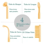 Cuatro tubos de vidrio en tonos dorados, diseñados para diferentes zonas del cuerpo: uno para hongos, otro para lengua, uno curvo para la cara y uno con cerdas para cabello.