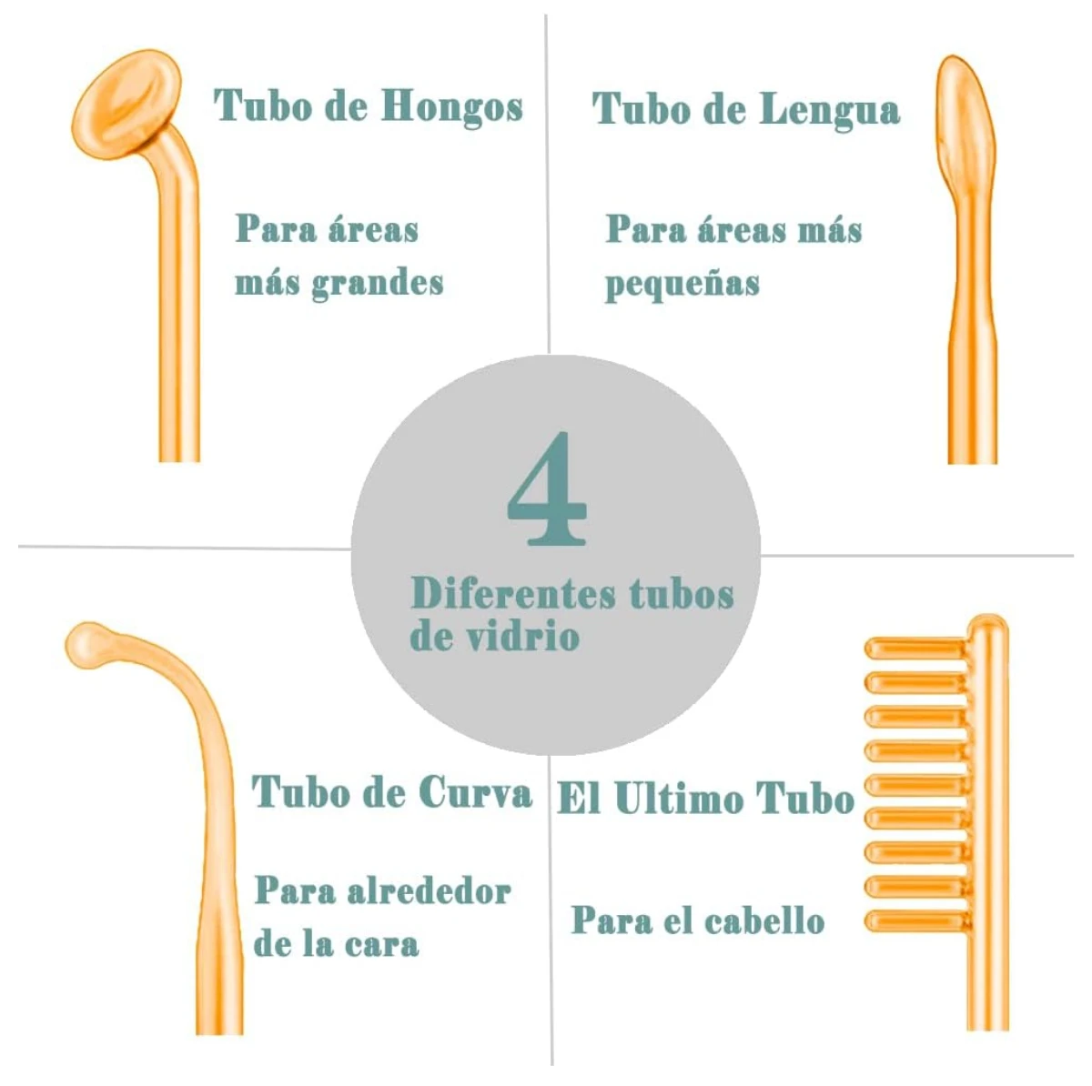 Cuatro tubos de vidrio en tonos dorados, diseñados para diferentes zonas del cuerpo: uno para hongos, otro para lengua, uno curvo para la cara y uno con cerdas para cabello.