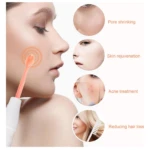 Dispositivo de alta frecuencia con electrodo naranja aplicándose en rostro femenino, acompañado de íconos circulares que muestran beneficios como reducción de poros, rejuvenecimiento, tratamiento de acné y disminución de caída capilar.