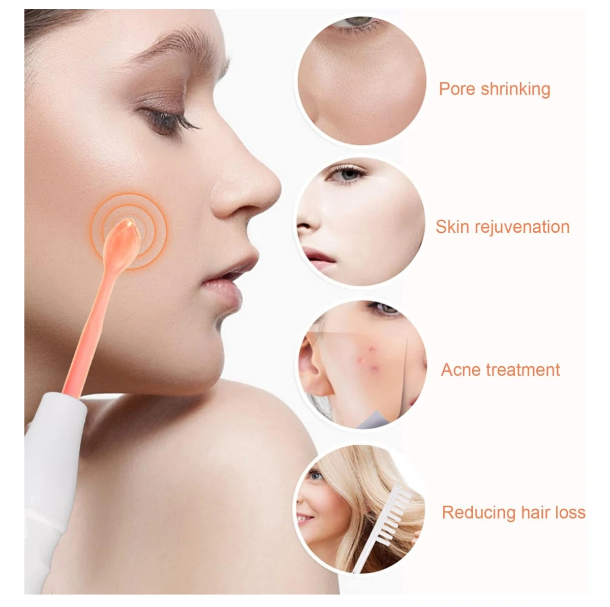 Dispositivo de alta frecuencia con electrodo naranja aplicándose en rostro femenino, acompañado de íconos circulares que muestran beneficios como reducción de poros, rejuvenecimiento, tratamiento de acné y disminución de caída capilar.