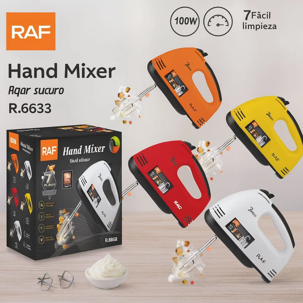 Batidora de mano Raf R.6633 en cuatro colores: naranja, amarillo, rojo y blanco. Incluye caja, accesorios y muestra de crema batida. Potencia 100W, 7 velocidades.
