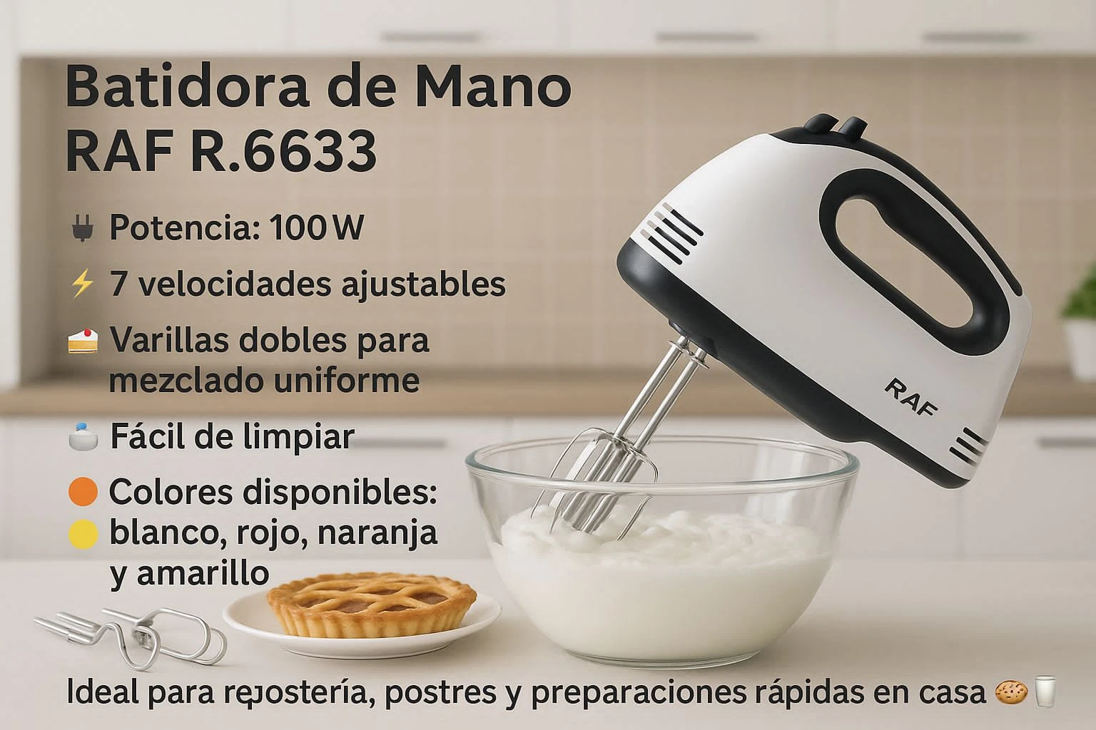 Batidora de mano blanca con varillas metálicas, mezclando crema en bowl transparente sobre encimera; incluye tartita de queso y utensilios al lado.