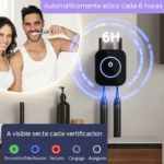 Esterilizador automático para cepillos de dientes, negro con luz azul LED, muestra ciclo de 6 horas y estados de encendido, secado y carga en panel frontal.
