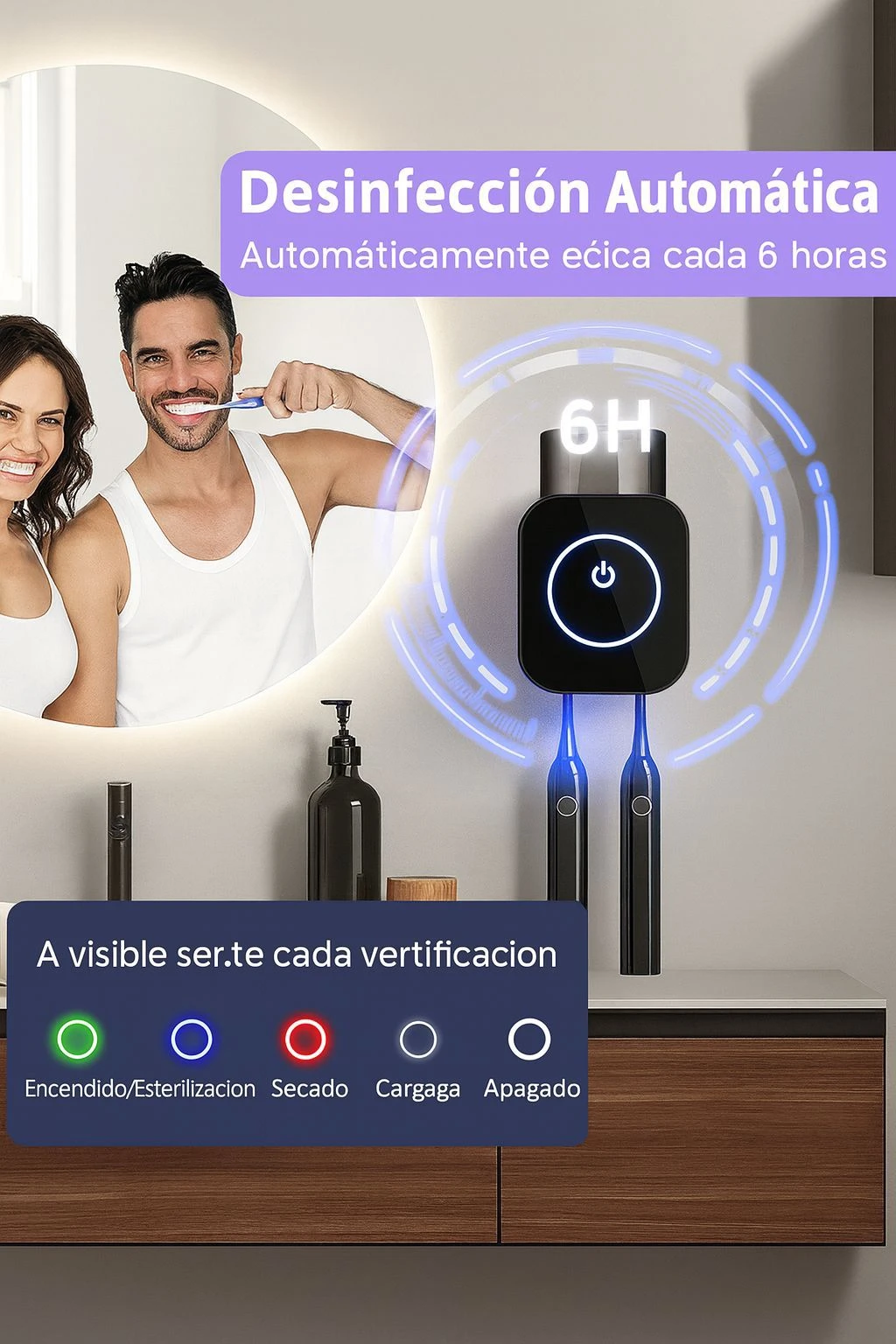 Esterilizador automático para cepillos de dientes, negro con luz azul LED, muestra ciclo de 6 horas y estados de encendido, secado y carga en panel frontal.