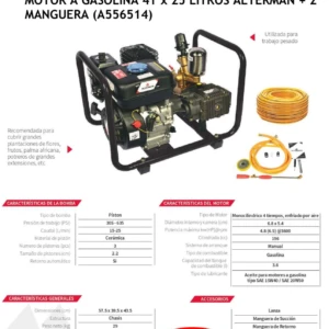 Fumigadora estacionaria de 25 litros con motor a gasolina, estructura metálica negra y manguera amarilla enrollada, ideal para grandes extensiones agrícolas.