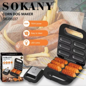 Máquina para corndogs Sokany SK-08037, color negro, con seis moldes y luz LED, mostrando hot dogs dorados y papas fritas.