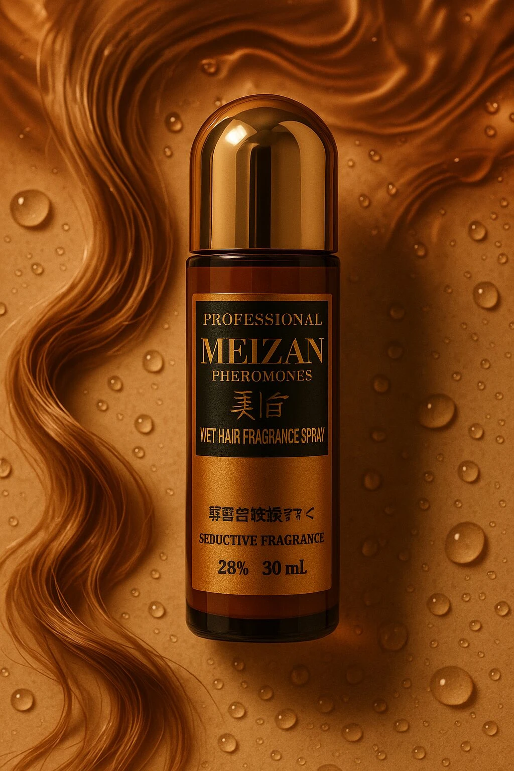 Spray de feromonas para el cabello Meizan, presentación de 30 ml con acabado dorado y etiqueta negra, sobre fondo texturizado con gotas de agua y cabello ondulado.