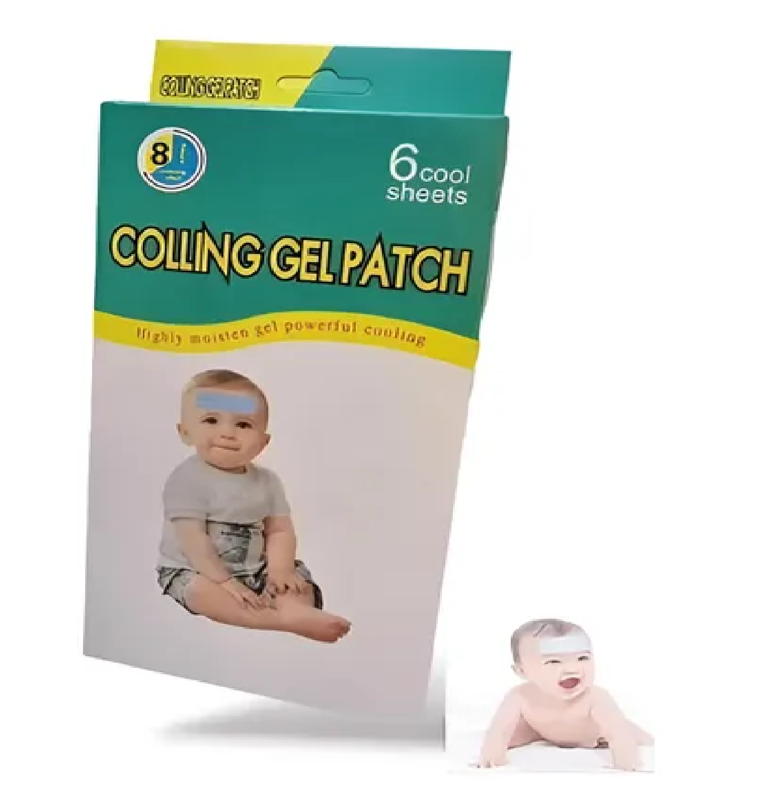 Paquete de parches gel refrescantes para bebé, con seis unidades y etiqueta amarilla. Incluye de niño usando el parche en la frente.