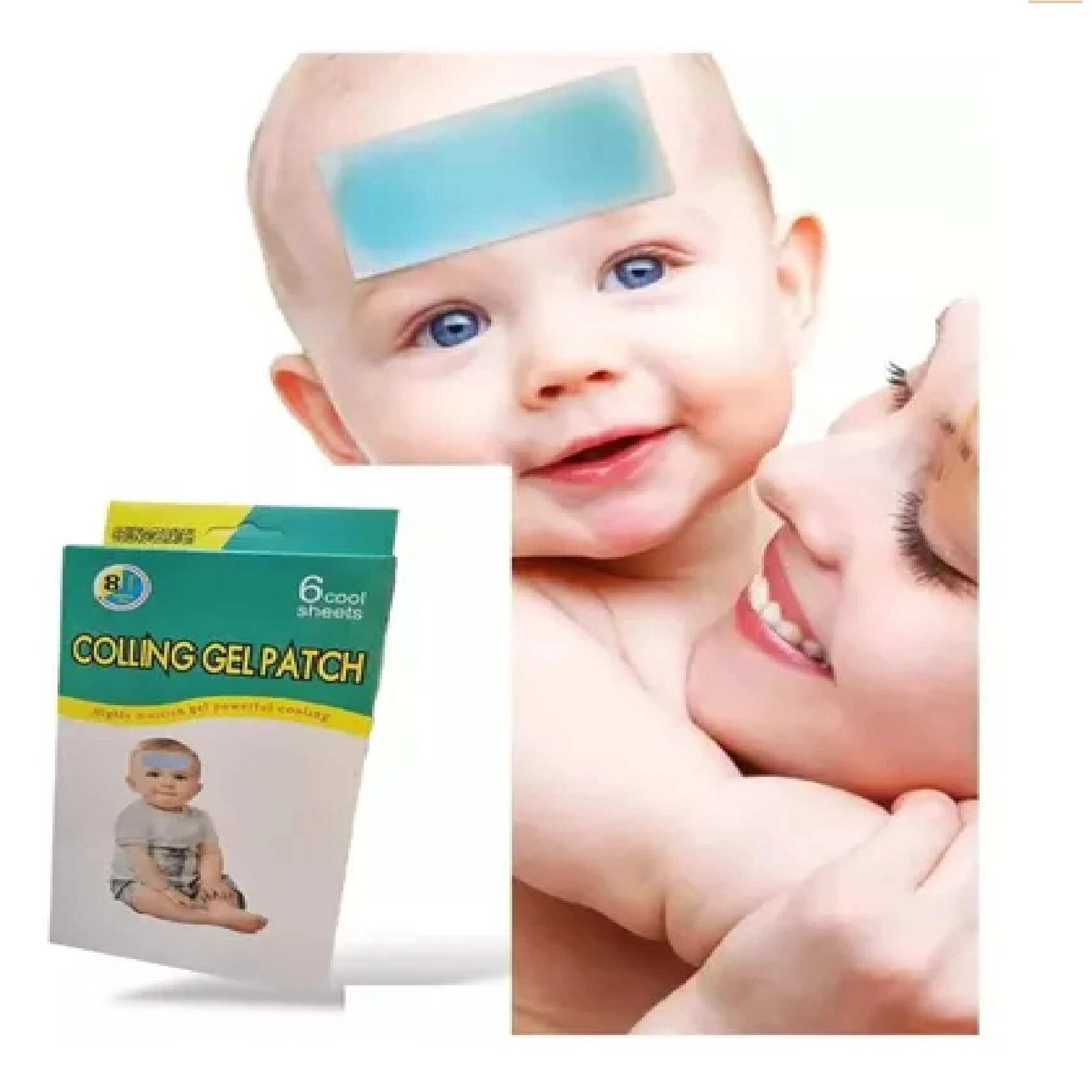 Parche gel refrescante azul sobre frente de bebé sonriente, acompañado de madre; caja muestra 6 unidades con de niño.