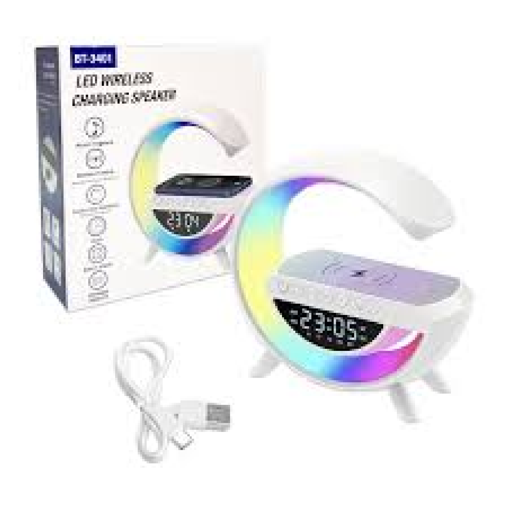 Reloj despertador blanco con carga inalámbrica, pantalla LED mostrando hora y luz de fondo multicolor; incluye cable USB y caja de presentación.