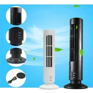 Ventilador de torre compacto en blanco y negro, con detalles de control de velocidad, base ajustable y accesorios incluidos. Ideal para oficinas.