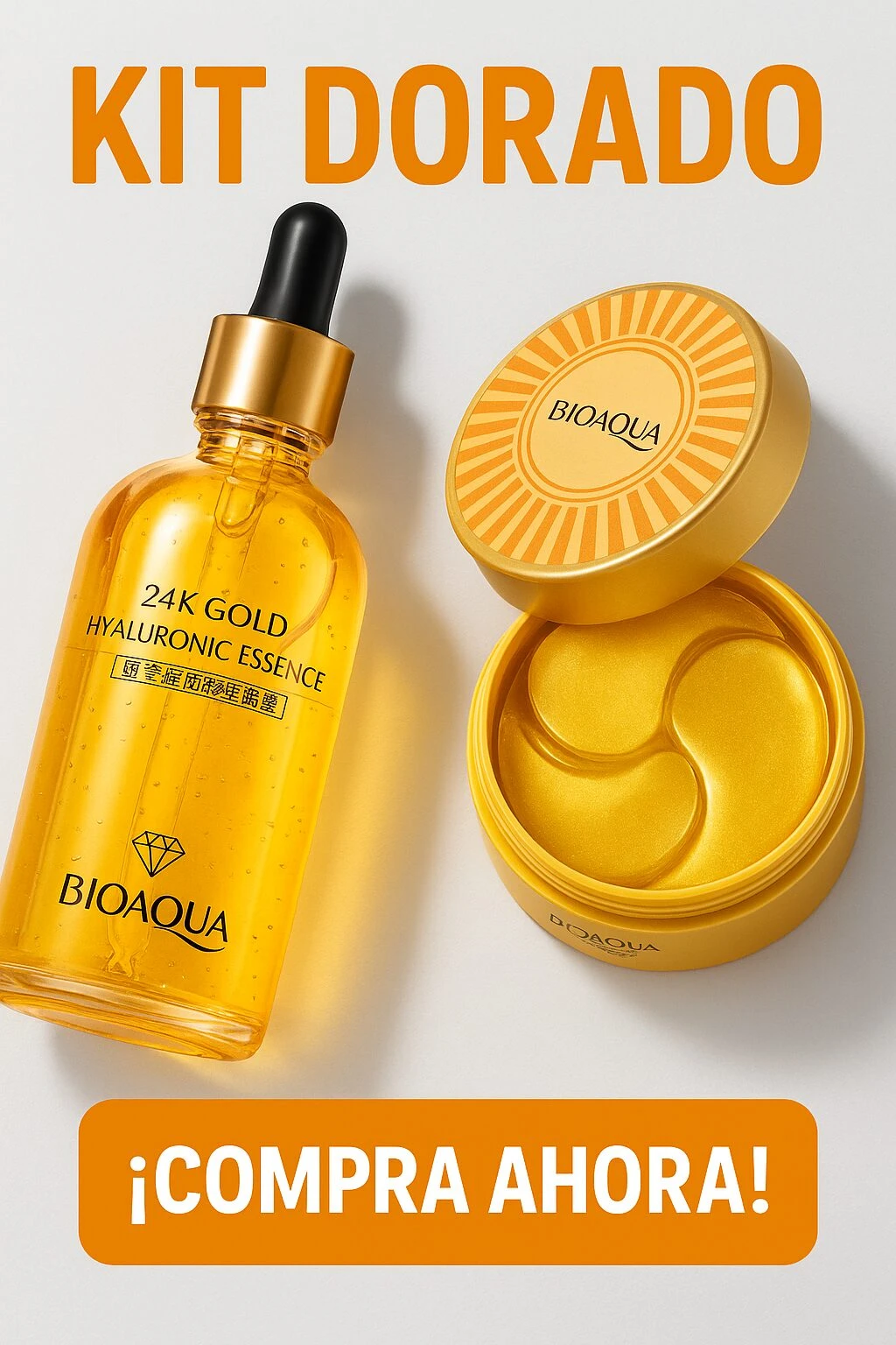 Kit dorado BioAqua con esencia de 24K gold y parches faciales en presentación amarilla brillante, ideal para hidratación profunda y luminosidad.