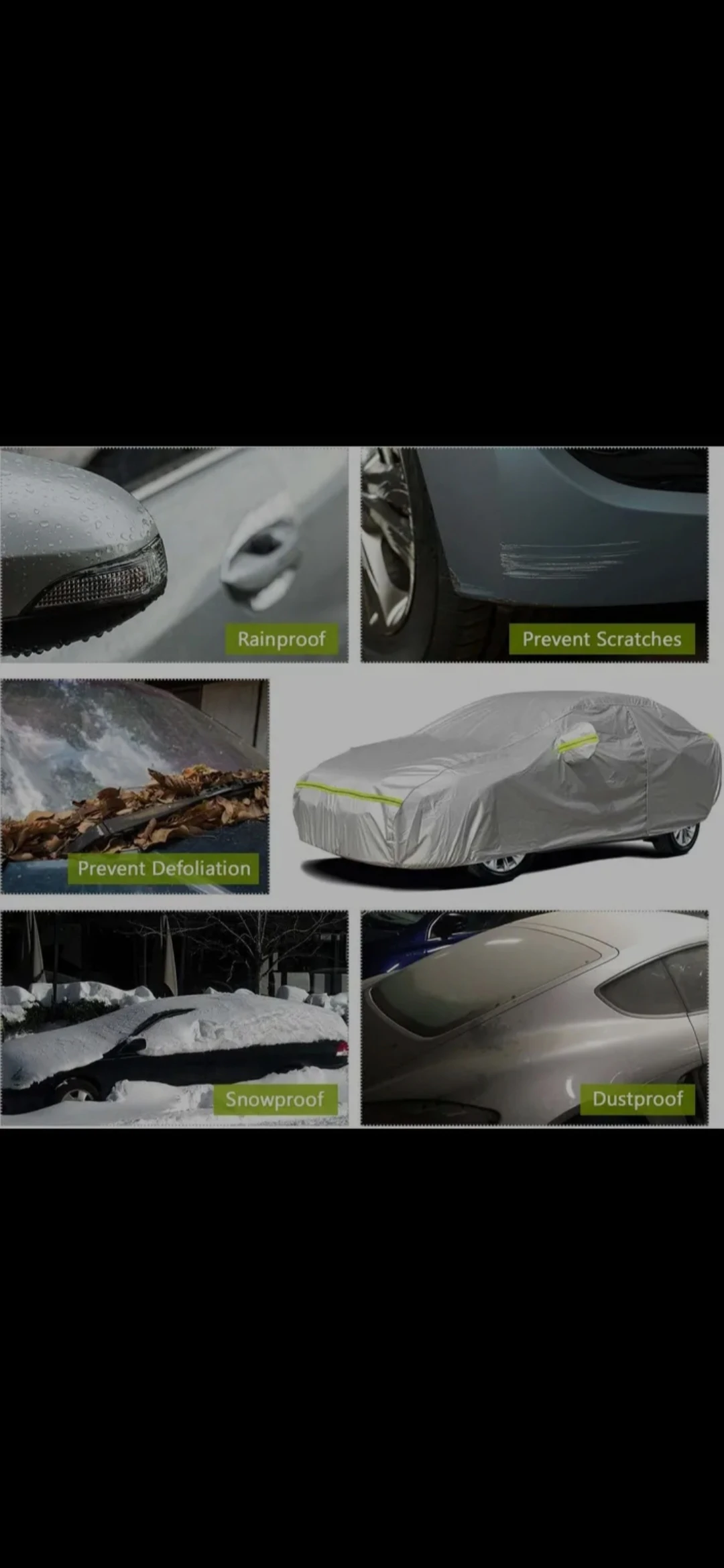 Cubierta de carro pijama gris con protección para espejos, mostrando detalles de uso en nieve, lluvia y protección contra rayones.