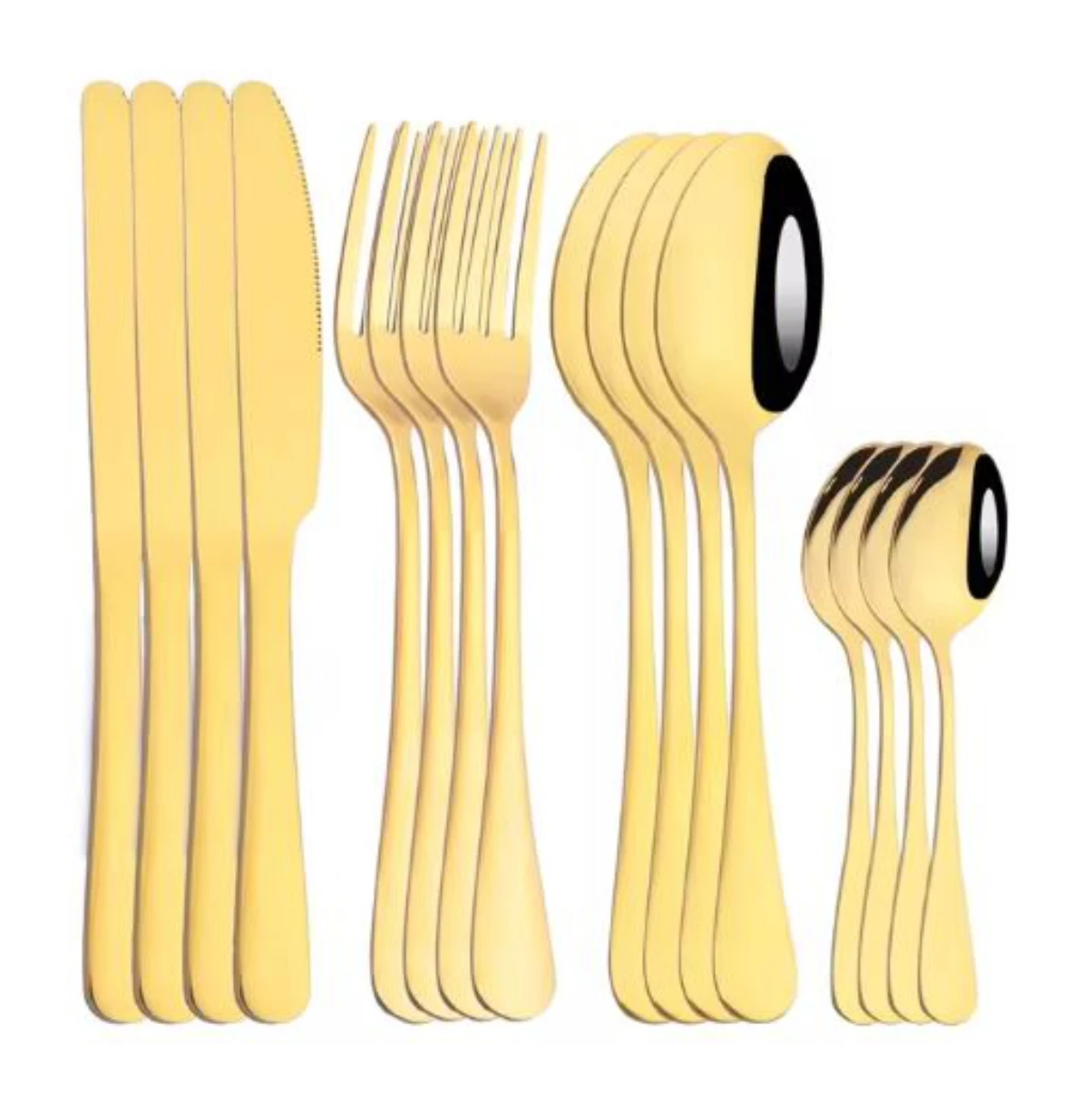 Set de 24 cubiertos de acero inoxidable en color dorado, con cuchillos, tenedores y cucharas dispuestos en grupos ordenados sobre fondo blanco.
