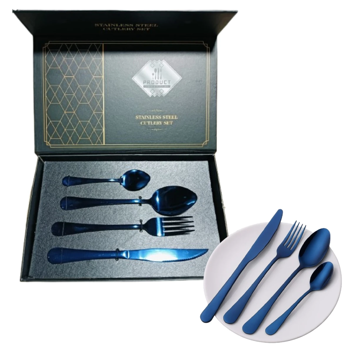 Set de cubiertos de acero inoxidable en color azul metálico, presentado en caja con interior acolchado y utensilios dispuestos en orden: cuchara, cuchara grande, tenedor y cuchillo. Incluye variante individual sobre plato blanco.