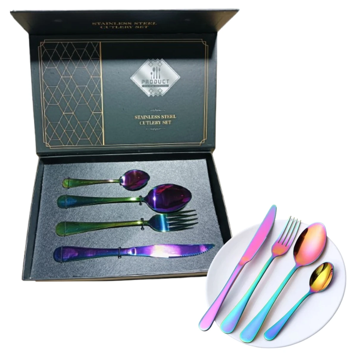 Set de cubiertos de acero inoxidable con acabado iridiscente, mostrando cuchillo, tenedor y cuchara en caja de presentación negra y sobre plato blanco.