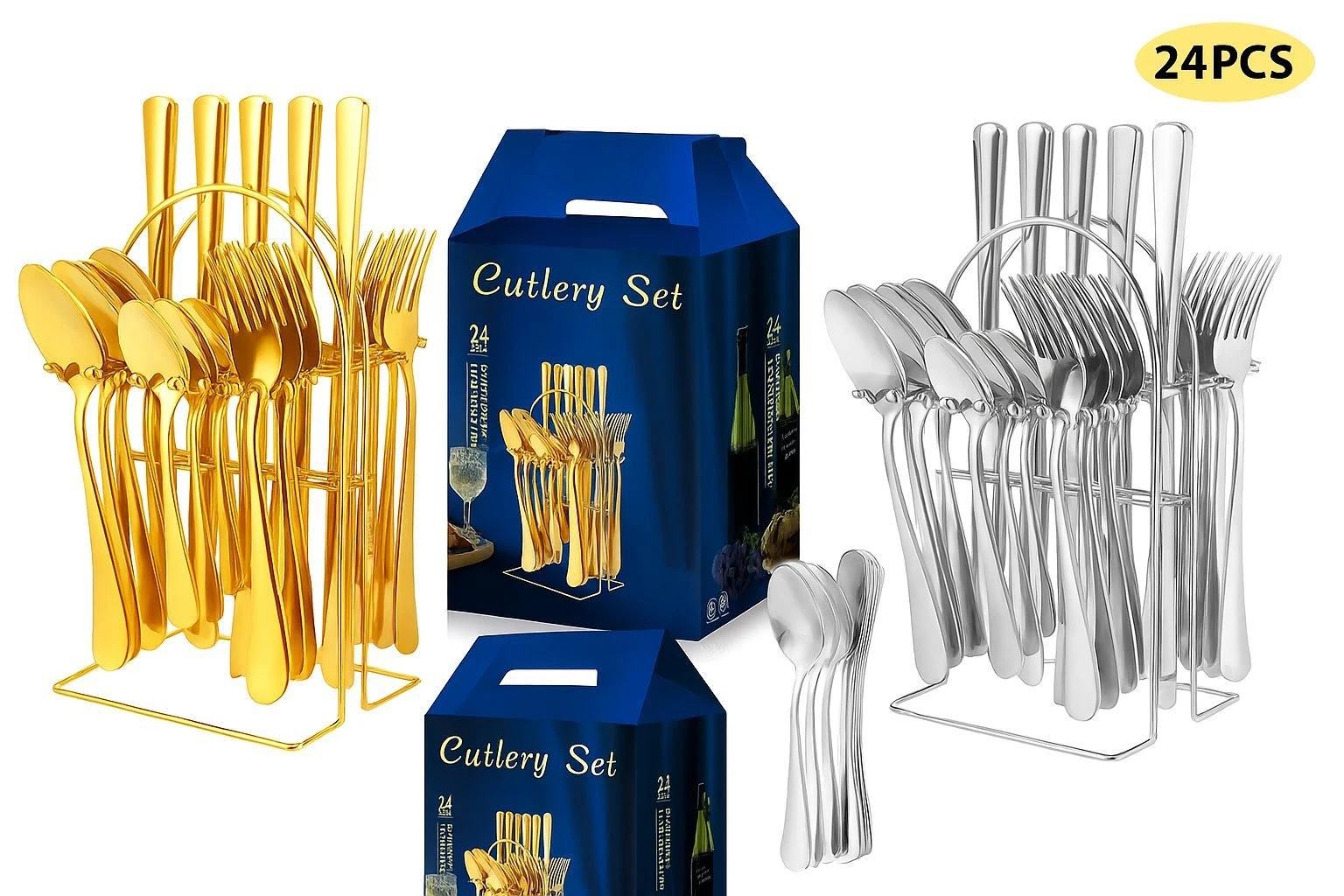 Set de cubiertos de 24 piezas en acabado dorado y plateado, con estantería metálica para exhibición y almacenamiento. Incluye tenedores, cuchillos y cucharas, presentados junto a su caja azul con diseño elegante.