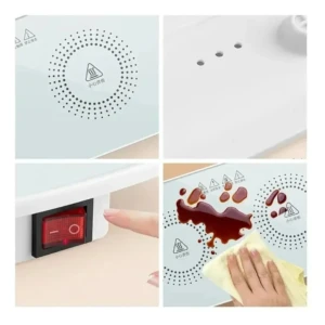 Plato eléctrico calentador blanco con panel de control rojo, superficie lisa y diseño compacto para mantener alimentos calientes.
