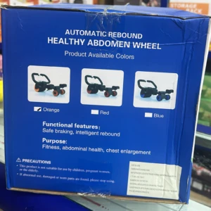 Caja azul del Rueda Abdominal Multifuncional con Rebote Automático, mostrando tres variantes de color: naranja, rojo y azul. Incluye características funcionales y advertencias de seguridad.