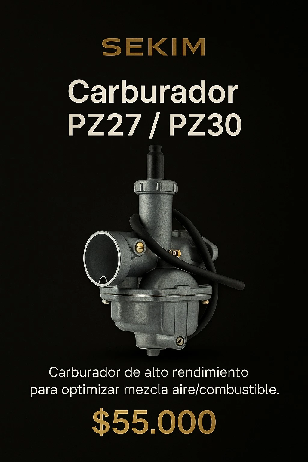 Carburador Sekim PZ27/PZ30 en color gris oscuro, con tubería negra y tornillos dorados, diseñado para repotenciar motos optimizando mezcla aire-combustible.
