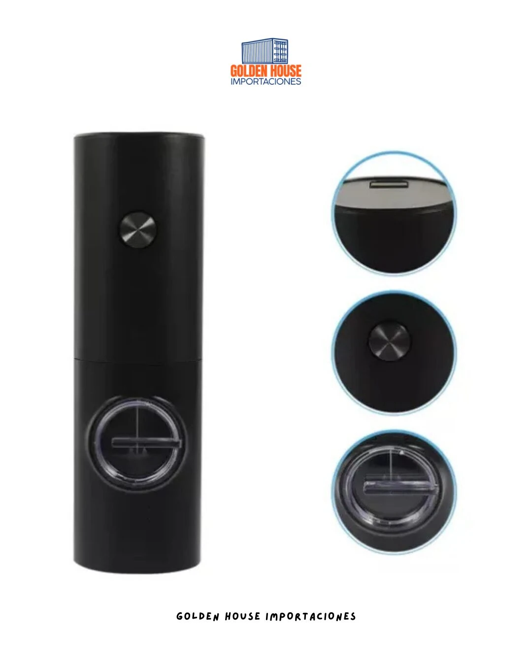 Molino de especias eléctrico negro con detalles metálicos, mostrando vista frontal y tres primeros planos de su tapa, botón de encendido y base de carga.