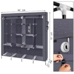 Organizador de ropa plegable en tela gris oscuro con 4 cuerpos, medidas 66 3/4 x 71 1/2 pulgadas, incluye detalles de ensamblaje y estructura interna.