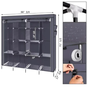 Organizador de ropa plegable en tela gris oscuro con 4 cuerpos, medidas 66 3/4 x 71 1/2 pulgadas, incluye detalles de ensamblaje y estructura interna.