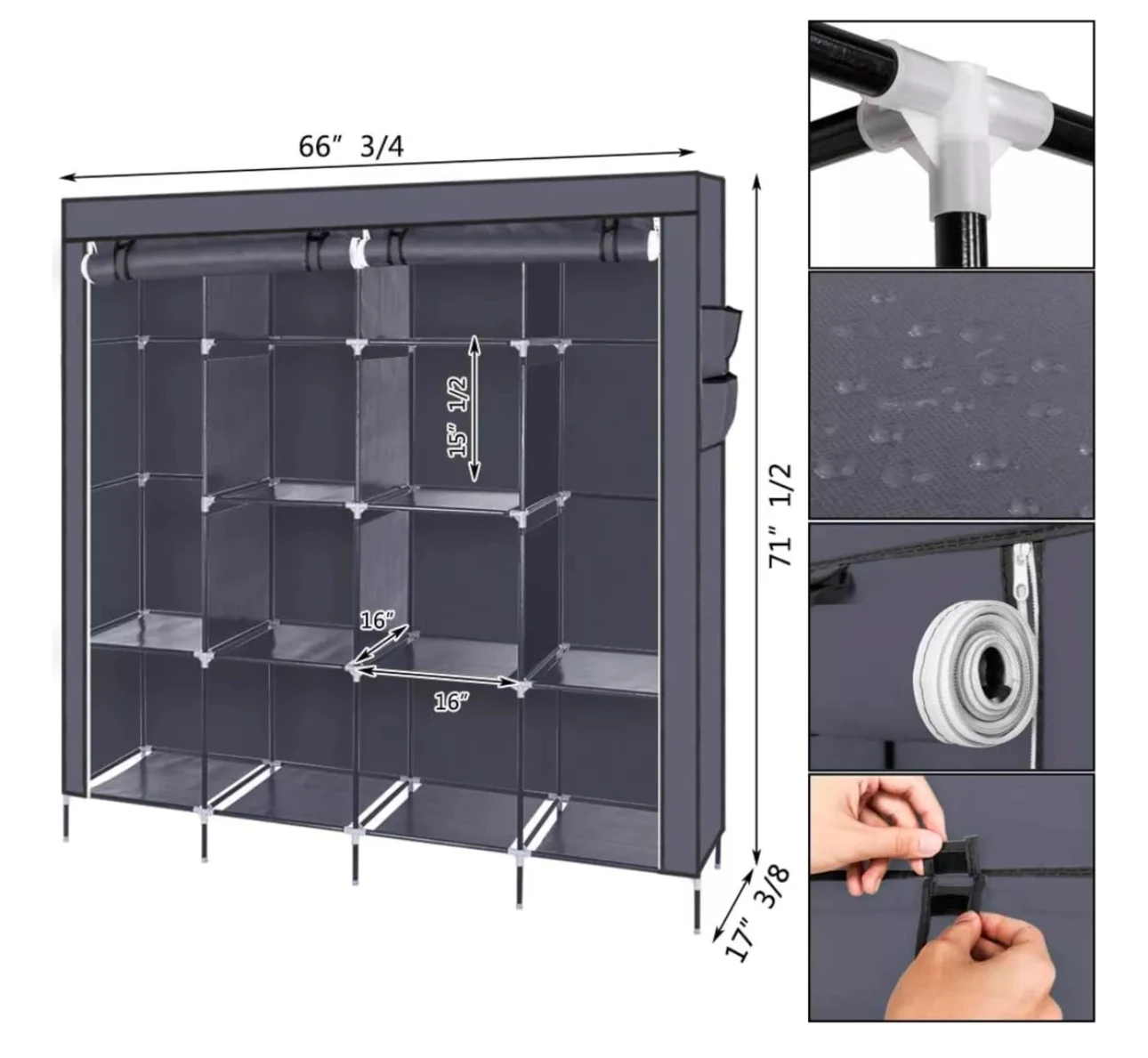 Organizador de ropa plegable en tela gris oscuro con 4 cuerpos, medidas 66 3/4 x 71 1/2 pulgadas, incluye detalles de ensamblaje y estructura interna.