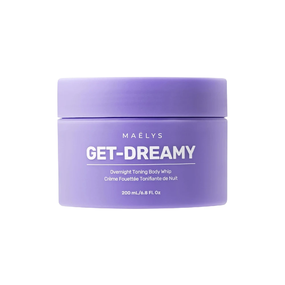 Jarrón de crema reafirmante Get-Dreamy de Maelys en tono lila, presentación de 200 ml con tapa integrada y etiqueta frontal con texto blanco.