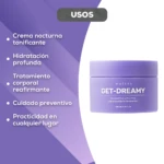 Jarrón de crema reafirmante Get-Dreamy de Mariys, color lila, con etiqueta frontal que muestra nombre, función y volumen de 200 ml.