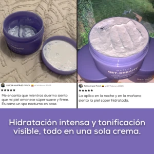 Set de dos frascos de crema reafirmante Get-Dreamy en tono lila, mostrando textura cremosa con partículas visibles, uno abierto sobre tela texturizada y otro cerrado al aire libre.